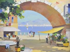 D'OYLY JOHN (1906-1993) Flower Market, Portofino, Italian Riviera, oil on canvas, signed, 11.75