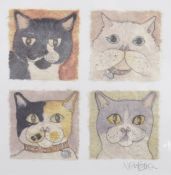 NIKKI BELTON (CONTEMPORARY) Four various cats heads, mixed media on handmade paper, mounted in a