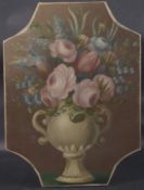 DUTCH SCHOOL Still life of mixed flowers in a vase, oil on shaped canvas, 17.5