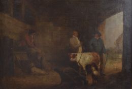 ATTRIBUTED TO GEORGE MORELAND Stable interior with gentlemen and cattle, oil on board, 17.25