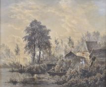 JACOBUS THEODORUS ABELS (1803-1866) Fishing boat on a riverbank, watercolour, signed and dated 1862,