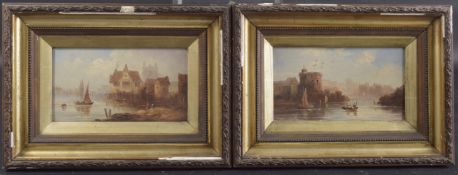 CONTINENTAL SCHOOL Town and river views, pair of oil on boards, initial HJ, 4.25