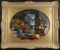 FERNAND GUEY (b. 1877) FRENCH. Still life, a copper urn, vase and fruit. Signed. Oil on canvas. Oval