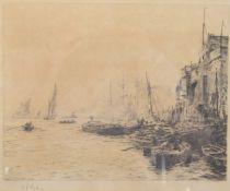 WILLIAM LIONEL WYLLIE (1851-1931) tug boats moored on an embankment, drypoint etching, signed in