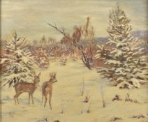 WILLY LORENZ (GERMAN 1901-1981) Two deer in a snowy winter landscape, oil on board, signed, 18.5
