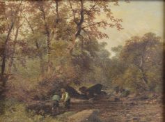 THOMAS CRESWICK (1811-1865) Woodland glade with fishermen, oil on board, signed, 11.5 x 15.5