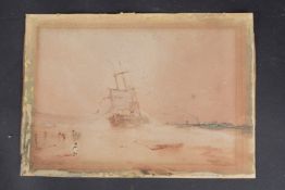 CIRCLE OF JMW TURNER Ship in distress on a windswept beach, watercolour, indistinctly signed,