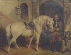 AFTER EDWARD LANDSEER Cavalry officer feeding his horse in a stable, 19th century oil on canvas,