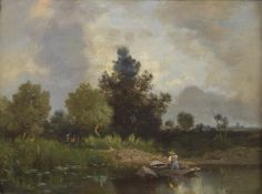 CAMILLE ROQUEPLAN (FRENCH 1800-1855) Riverbank scene with ferryman and figures on a path, oil on