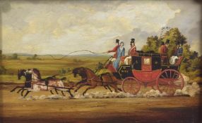 EARLY 19TH CENTURY SCHOOL Stage coach and team of four galloping horses, oil on board, 7.5