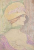 EARLY 20TH CENTURY FRENCH SCHOOL Portrait of a lady wearing a bonnet and green neck scarf,