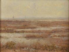 20TH CENTURY DUTCH SCHOOL View across polders to a distant windmill and church, oil on canvas
