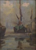 ROBERT LILLIE (1867-1949) Thames barges with the Palace of Westminster beyond, oil on board,