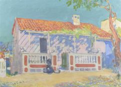 20TH CENTURY ENGLISH SCHOOL, by Ernest Shepard. View of a Continental house, oil on canvas.