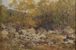 PARKER HAGARTY Woodland stream with fisherman, oil on canvas, signed, 13