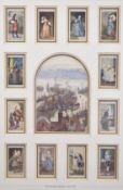 VIEW OF SCARBOROUGH HARBOUR framed coloured print with a set of twelve English Period Costumes