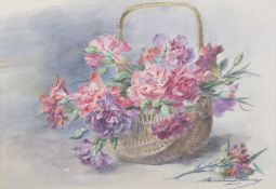 MADELAINE LEMAIRE (1845-1928) Still life of flowers in a basket, watercolour, signed, 13.75