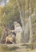 LABY (19TH CENTURY) A couple in a clearing with attendant hounds, watercolour, signed