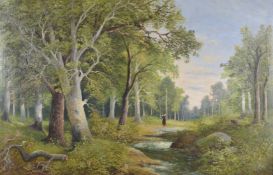 A. CLAMET. CIRCA. 1920. CONTINENTAL A woodland landscape with a woman beside a stream, in a superb