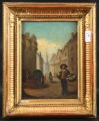 LATE 19TH CENTURY FRENCH SCHOOL Figure carrying earthenware flasks in a busy street, oil on panel 9