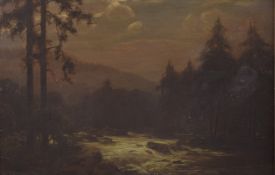 VICTORIAN SCHOOL Twilight woodland river scene, oil on canvas, initialed WJR, 11.25