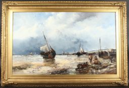 19TH CENTURY CONTINENTAL SCHOOL. Low tide, fisherfolk in the foreground with boats, town and