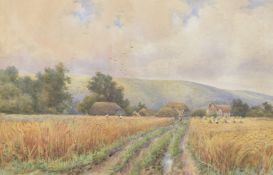 ARTHUR POWELL MAY (1824-1900) BRITISH. Path through a cornfield at harvesting, watercolour.