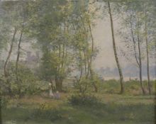 19TH CENTURY FRENCH SCHOOL Mother and child in a woodland, oil on panel, indistinctly signed, 15.