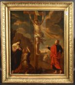 LATE 17TH CENTURY FLEMISH SCHOOL Christ on the cross with saints in attendance. Oil on panel (with