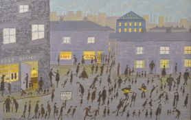 R LUMB AFTER LS LOWRY 'Downtown' busy street scene with distant mill chimneys, oil on board,