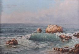 EDWARD CHARLES RENE-HIS (1877-1960) Seascape from a rocky shore, oil on canvas, signed, 14.25