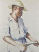 STELLA SHAWZIN (1923-2020) SOUTH AFRICAN. Portrait of a man with hosepipe, watercolour Signed. 24