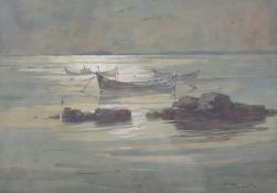 ROBERT LILLIE (1867-1949) Boats moored in a moonlit sea with headland beyond, watercolour, signed.