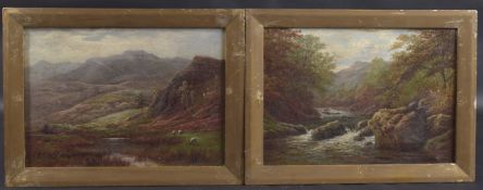 WILLIAM MELLOR (1851-1931) mountain views with grazing sheep and rocky stream pair of oils on