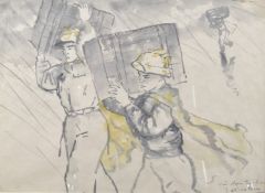 NGUYEN THU (VIETNHAM 1930-2023) 'Carrying Supplies' figures carrying packing cases in the rain,
