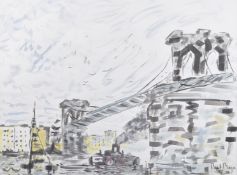 PAUL MAZE (1887-1979) FRENCH. The metal bridge over the river with steamship. Signed. Watercolour.