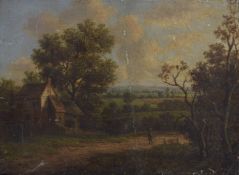 19TH CENTURY BRITISH SCHOOL Farmhouse and landscape with figure on a path and distant views, oil