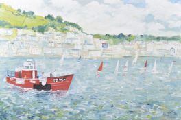 SIMEON STAFFORD (b.1956) Dartmouth, view of the town with fishing and sailing boats, oil on board,