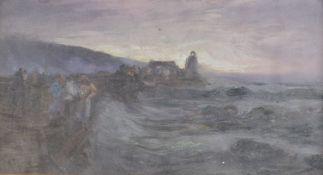 BARTRAM HILES (1872-1927) Figures on harbourside with rough seas, oil on board, signed, 8.75