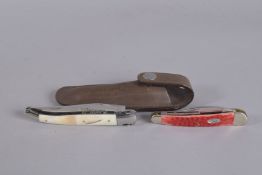 A W R CASE FOLDING KNIFE AND A LAGULOLE BONE KNIFE in a leather sheath (2)