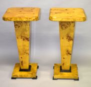 A PAIR OF ART DECO DESIGN MAPLEWOOD SQUARE TOP TABLES. 2ft 7ins high. Top: 1ft 4ins.