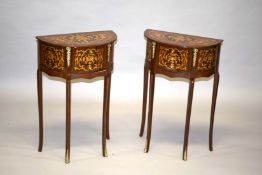 A PAIR OF LOUIS XVI DESIGN DEMILUNE BEDSIDE TABLES with three drawers on curving legs. 2ft 3ins high