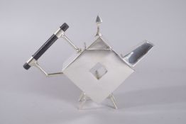 A CHRISTOPHER DRESSER DESIGN, DIAMOND SHAPE, SILVER PLATED TEA POT.