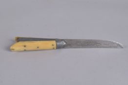 A BONE HANDLED KNIFE 8ins long in a leather sheath.