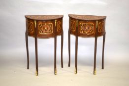 A PAIR OF LOUIS XVI DESIGN DEMILUNE BEDSIDE TABLES with three drawers, on curving legs. 2ft 3ins