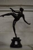 AN ART NOUVEAU STYLE BRONZE of a female nude dancer on a circular marble base. 49cm high