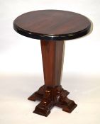 AN ART DECO DESIGN DARK WOOD CIRCULAR TOP TABLE. 2ft 5ins high x 1ft 11ins diameter.