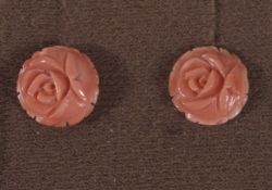 A PAIR OF CARVED CORAL ROSE EARRINGS