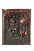 AN 18TH CENTURY CARVED WOODEN PANEL depicting in relief, MARY MAGDALENE and CHRIST. 29ins x 23ins.