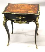 A VERY GOOD 19TH CENTURY FRENCH MARQUETRY INLAID WORK TABLE with ormolu mounts and female heads,